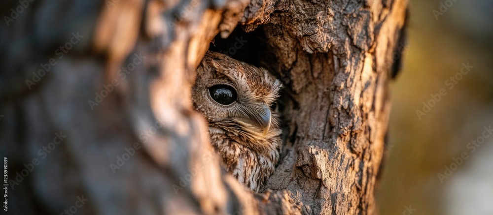 Owl peeking from a tree hollow with textured bark illuminated by soft sunlight nature wildlife photography Copy Space Owl peeking from a tree hollow with textured bark illuminated by soft sunlight nature wildlife photography Copy Space