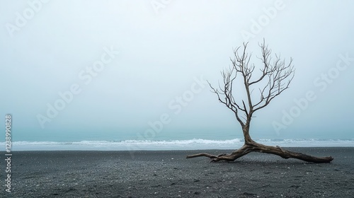 Lonely driftwood on a gray, foggy beach, with faint waves in the background photo