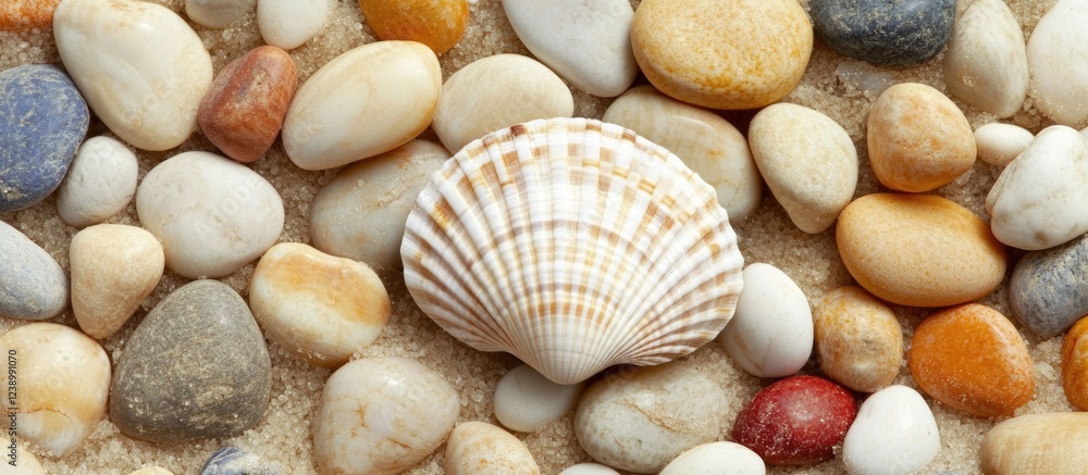 Seashell on textured sand with assorted pebbles Copy Space suitable for natural and marine theme backgrounds Seashell on textured sand with assorted pebbles Copy Space suitable for natural and marine theme backgrounds