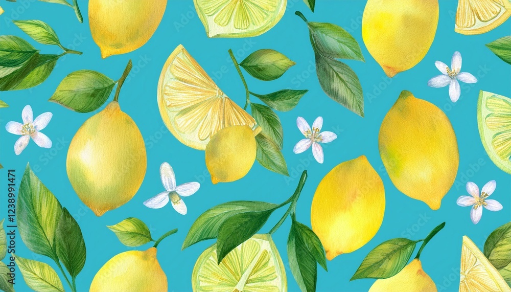 cute watercolor seamless pattern lemon on pastel bright blue background cute watercolor seamless pattern lemon on pastel bright blue background