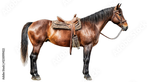 wild mustang horse with rustic saddle stands proudly in open field