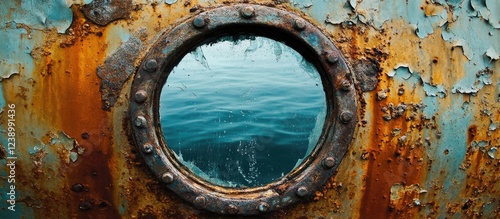Fototapeta Naklejka Na Ścianę i Meble -  Rusty ship porthole with peeling paint revealing calm blue water outside Copy Space