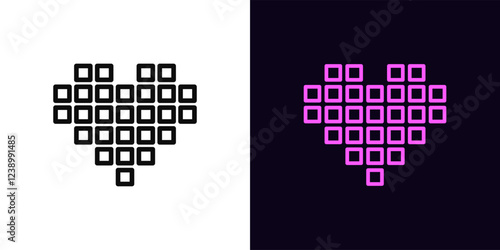 Outline pixel heart icon, with editable stroke. Retro bit heart with outline pixel shape. Vintage love, square heart, retro game passion, health bits, donation, love gift, pixel art. Vector icon