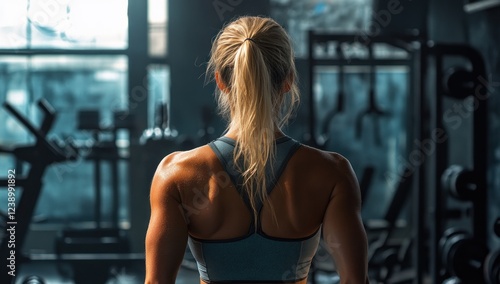 Strong Woman Back Muscles in Gym Fitness