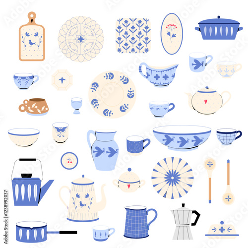Collection ceramic kitchen utensils or crockery - cups, dishes, bowls, pitchers. Set of decorative tableware items isolated on white background. 