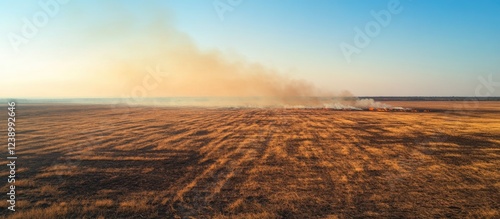 Aerial view of a vast agricultural field with smoke rising in the distance under a clear blue sky Copy Space photo