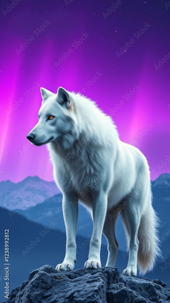 Fototapeta premium Majestic White Wolf on Mountain Peak Under Aurora � Mystical Night Background