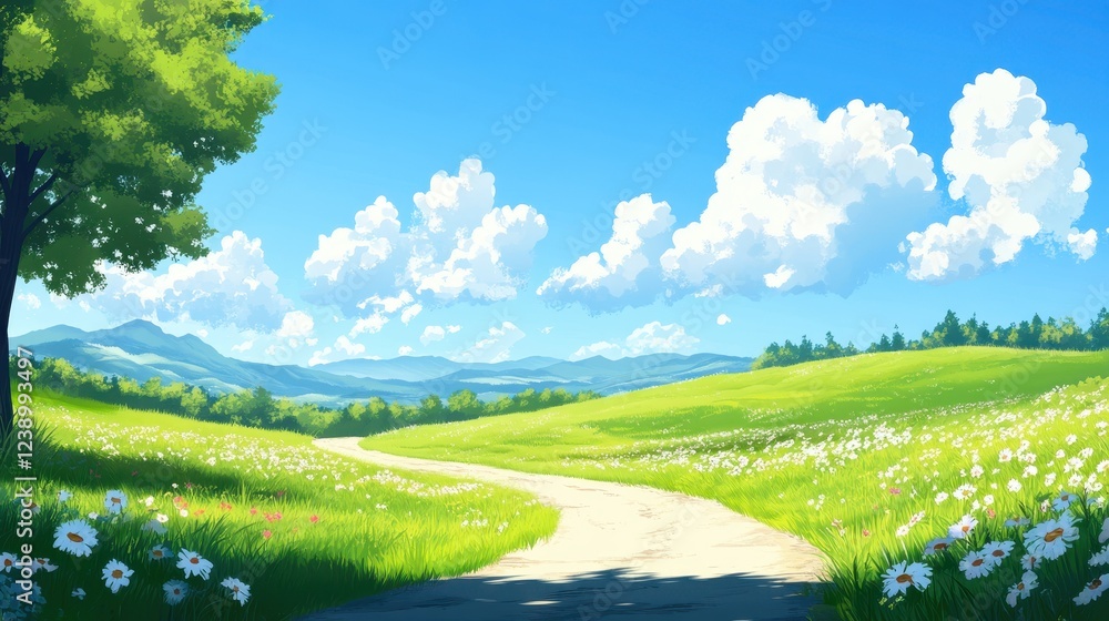 Fototapeta premium Serene Winding Road Through Sunny Green Meadow Landscape
