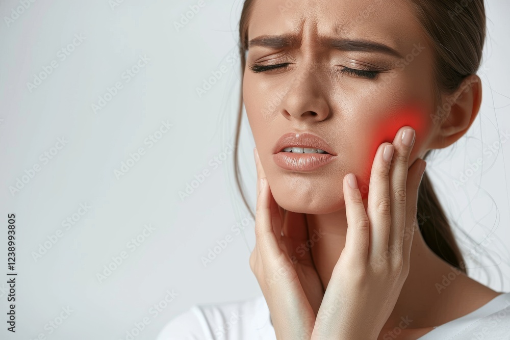 Young woman experiencing intense facial pain while holding her cheek at home during a daytime setting. Place for text Young woman experiencing intense facial pain while holding her cheek at home during a daytime setting. Place for text