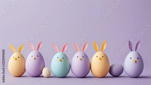 Easter holiday concept with cute handmade eggs, bunny, chicks and party hats pastel purple bacground photo