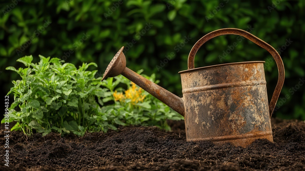 Old, rusted watering can overturned in an empty garden bed, surrounded by weeds Old, rusted watering can overturned in an empty garden bed, surrounded by weeds