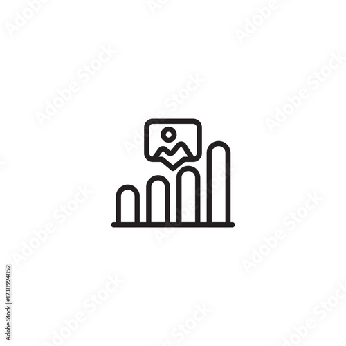 A bar chart with increasing heights. Above the tallest bar is an image icon depicting mountains and a sun. This could represent data visualization with an associated image or a growing trend related t