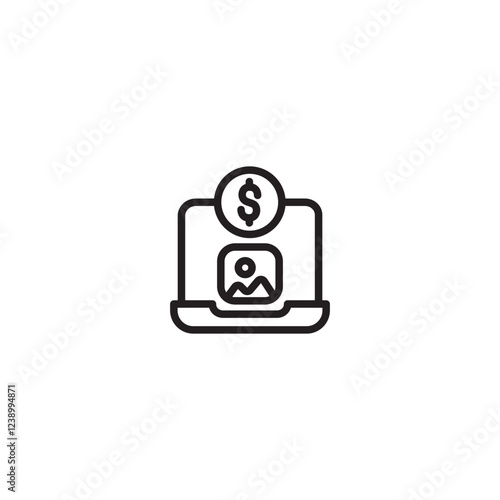 A laptop displaying an image of mountains and a sun, with a dollar sign ($) above it. Suggests online sales of photos, digital artwork, or monetization of visual content.