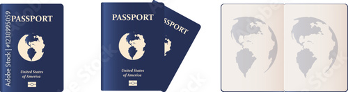 Vector blank open passport template in dark blue color. International passport with sample personal data page. Travel and immigration document. Isolated vector illustration.