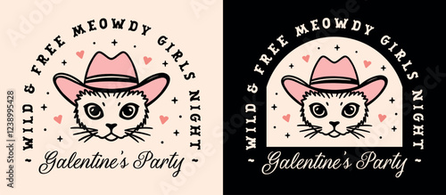 Galentine's party girls night cowgirls club cat cowboy hat country theme besties Valentines Day funny quotes. Retro black pink preppy coquette animal aesthetic shirt design printable invitation card.