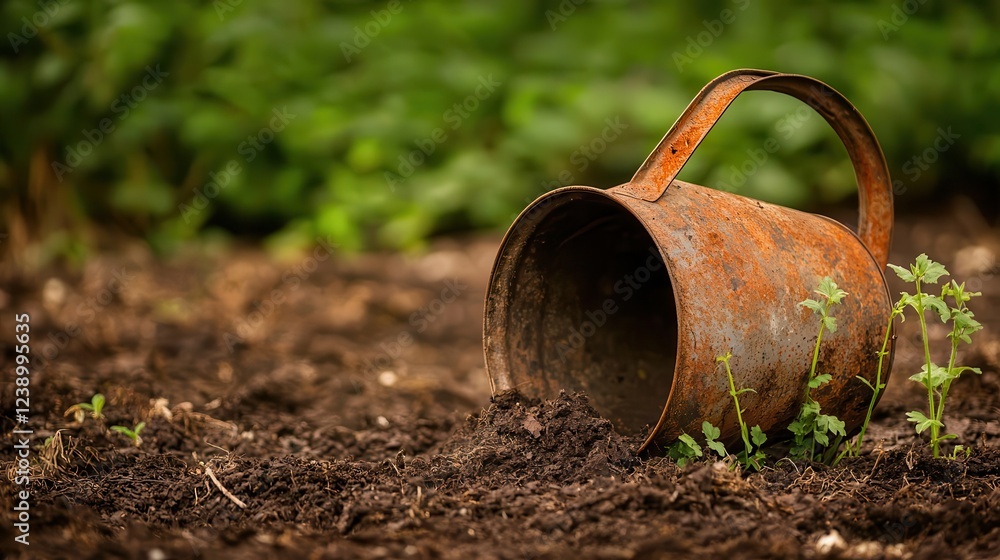 Old, rusted watering can overturned in an empty garden bed, surrounded by weeds Old, rusted watering can overturned in an empty garden bed, surrounded by weeds