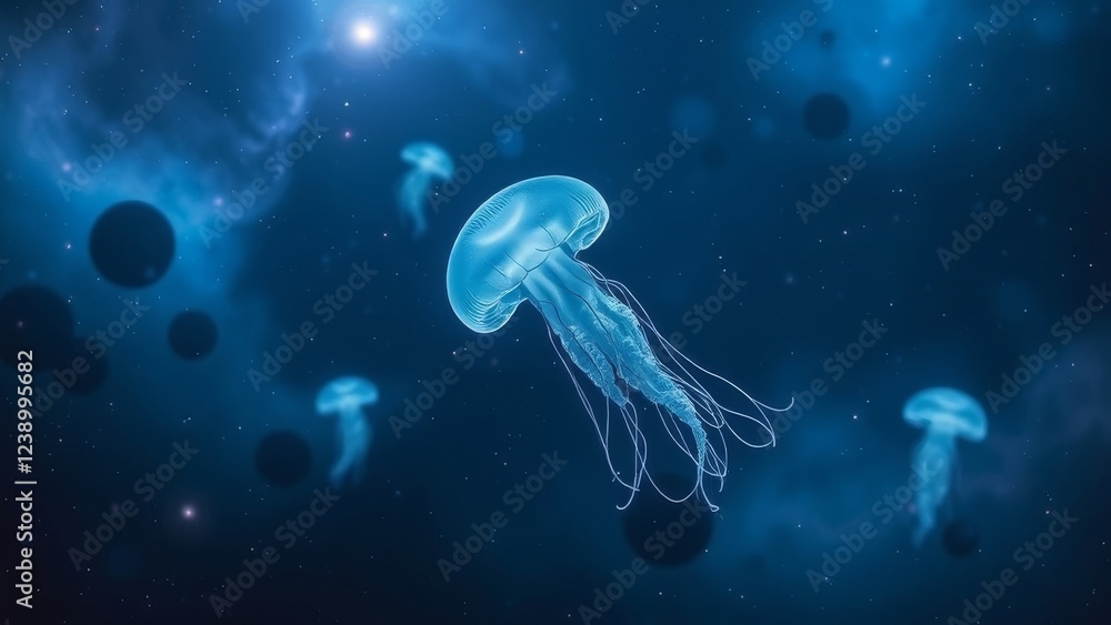 Naklejka premium Glowing Jellyfish in Deep Space � Cosmic Marine Background