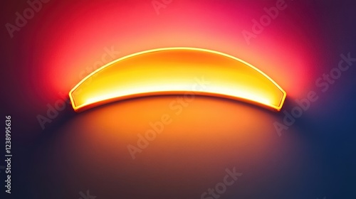 Neon light fixture in a curved shape illuminating a colorful gradient wall with vibrant orange and purple hues, Copy Space photo