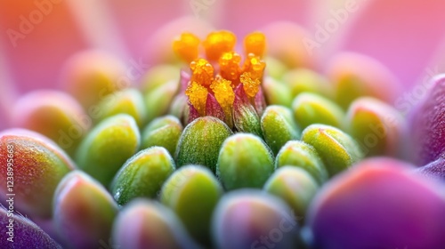 Close-up view of succulent flower with vibrant colors showcasing petals and pollen-covered stamens Copy Space photo