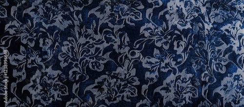 Dark floral pattern fabric texture with intricate design and deep blue background ideal for backgrounds and textile applications Copy Space