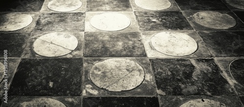 Old black and white tiled floor with circular patterns alternating with square tiles Copy Space photo