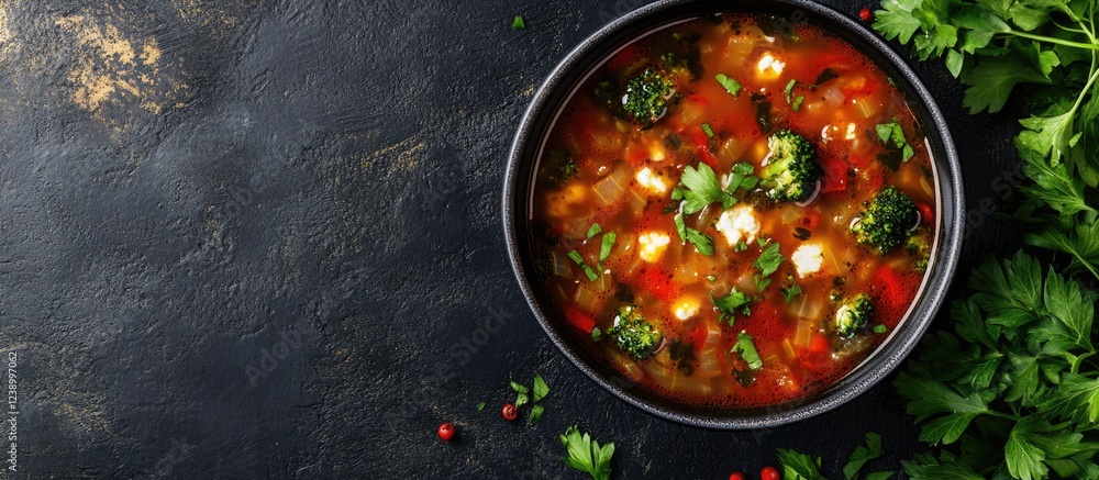 Vegetable soup in a black bowl garnished with parsley and broccoli with red and green peppers on a dark textured background Copy Space Vegetable soup in a black bowl garnished with parsley and broccoli with red and green peppers on a dark textured background Copy Space