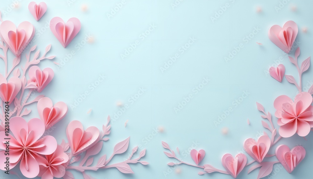 abstract festive background of pink flowers and heart shapes on a soft cyan background for Valentine's Day celebrations abstract festive background of pink flowers and heart shapes on a soft cyan background for Valentine's Day celebrations