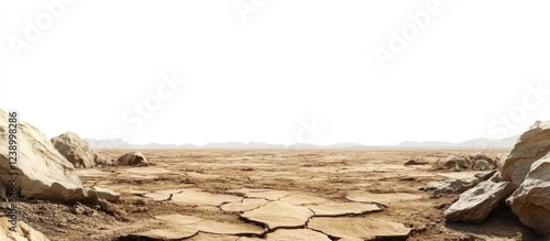 Barren dry cracked earth landscape with rocks under bright sky and copy space for text placement photo