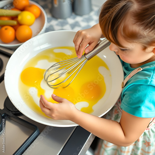 Little girl cook whips whisk eggs in a large plate photo