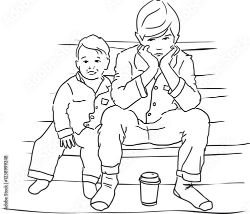 Melancholic Boys Sitting on a Stoop – Line Art