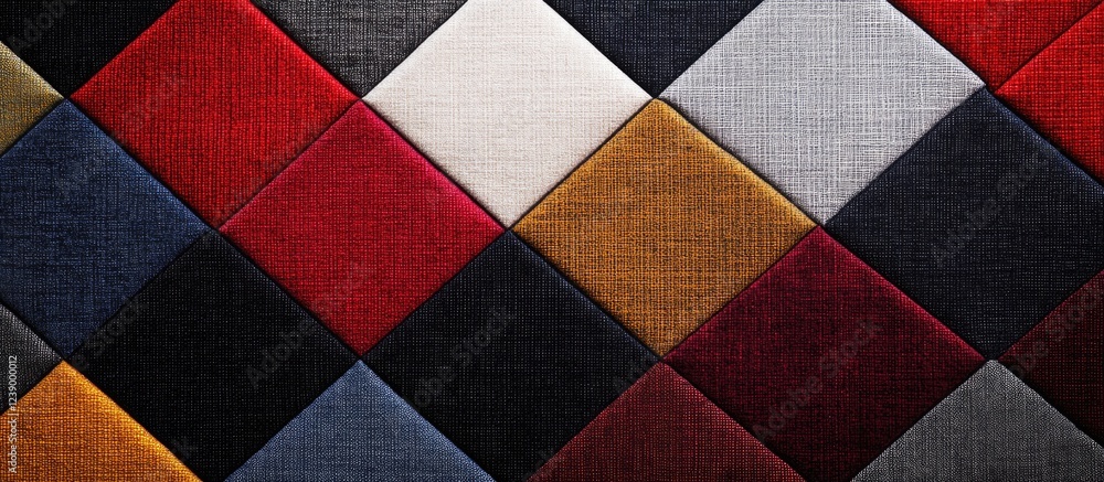 Fototapeta premium Textured geometric fabric patchwork in vibrant colors including red, black, yellow, white, and gray with Copy Space for design use