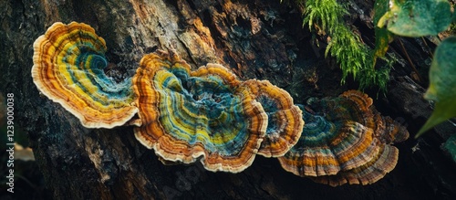 Colorful Fungus Growing on Tree Bark in Forest with Copy Space for Text photo