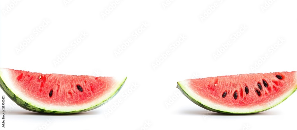 Sliced watermelon halves with seeds on a white background with ample copy space for text placement Sliced watermelon halves with seeds on a white background with ample copy space for text placement