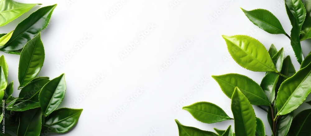 Green leaves arranged on a white background with ample copy space for text placement in natural botanical style Green leaves arranged on a white background with ample copy space for text placement in natural botanical style