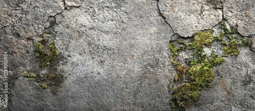 Cracked concrete wall texture with green moss growth and weathered surface showing signs of wear Copy Space photo