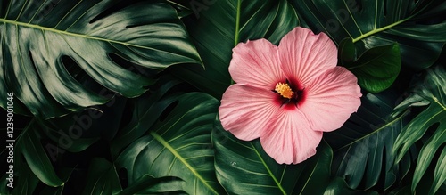 Pink hibiscus flower on dark green tropical leaves background with Copy Space for text placement photo