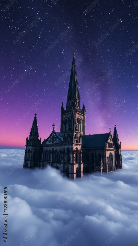 Obraz premium Majestic Cathedral Floating Above the Clouds at Night � Dreamlike Faith Background