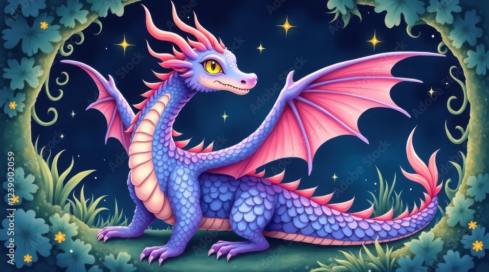 Vibrant fantasy dragon in enchanted forest on a starry night background. Magical, mythical, fantasy themes illustration Vibrant fantasy dragon in enchanted forest on a starry night background. Magical, mythical, fantasy themes illustration