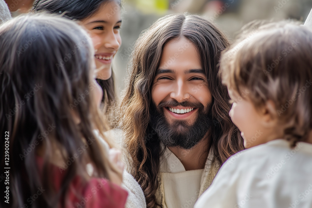 Jesus Christ Talking to Children – A Heartwarming Religious Scene Depicting Compassion, Teaching, and the Gentle Wisdom of Christ Engaging with Youth Jesus Christ Talking to Children – A Heartwarming Religious Scene Depicting Compassion, Teaching, and the Gentle Wisdom of Christ Engaging with Youth