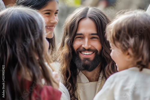 Jesus Christ Talking to Children – A Heartwarming Religious Scene Depicting Compassion, Teaching, and the Gentle Wisdom of Christ Engaging with Youth