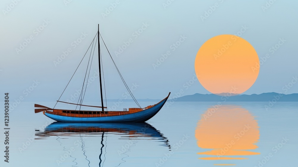Fototapeta premium Tranquil Sunset Scene with a Blue Boat on Calm Waters Reflecting a Large Orange Sun