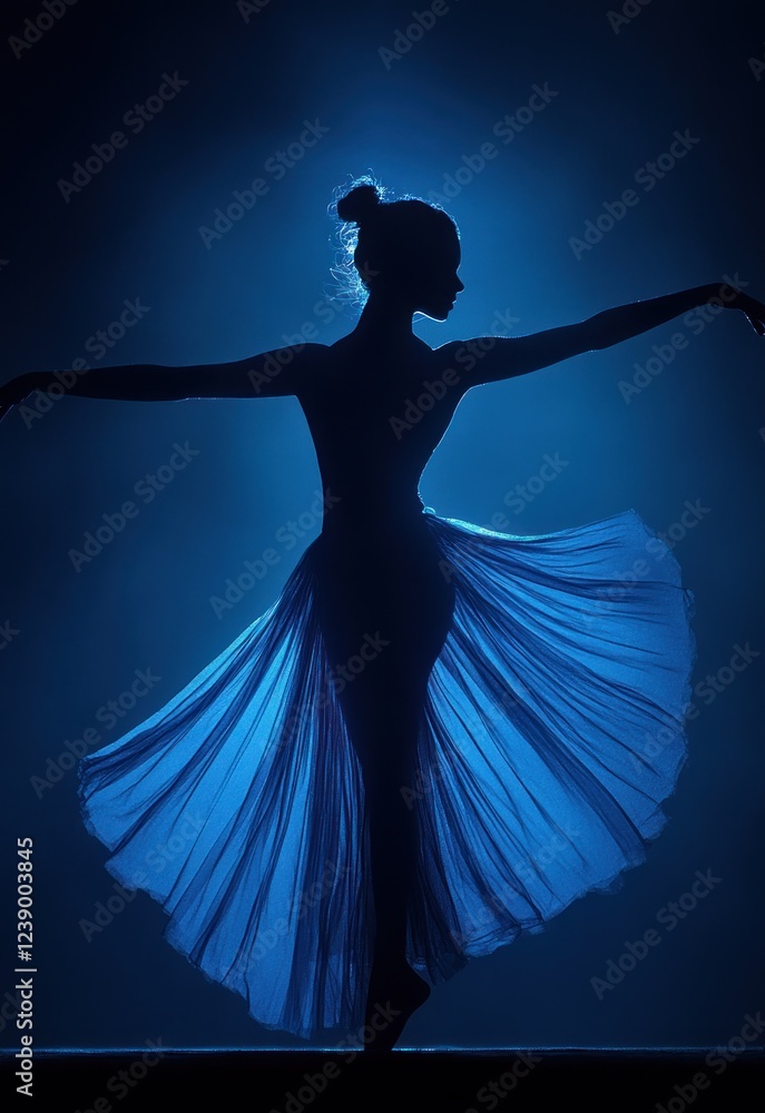 Fototapeta premium Dancer in White Bodysuit Surrounded by Transparent Fabric in Blue Light