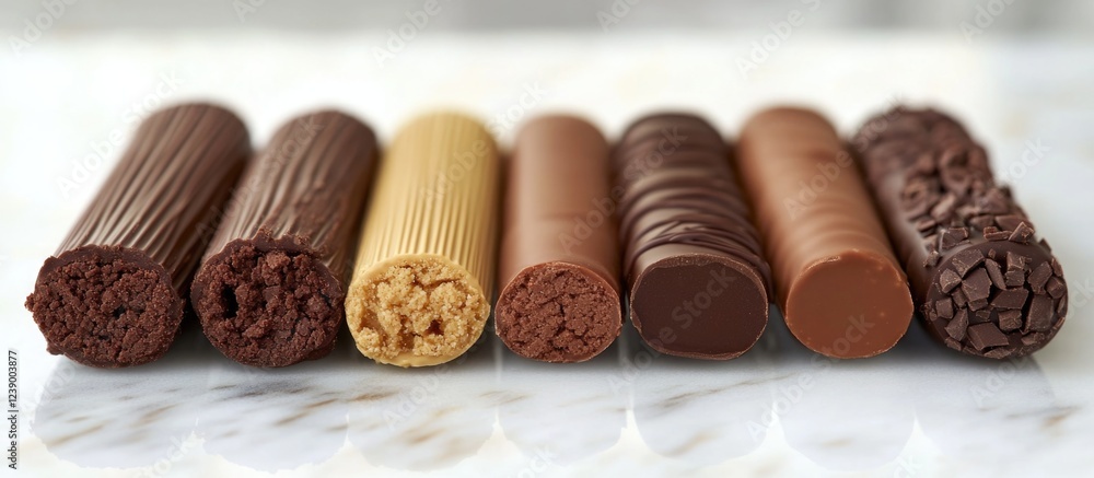 Fototapeta premium Assorted chocolate and nougat candy bars displayed on a marble surface with Copy Space for text placement