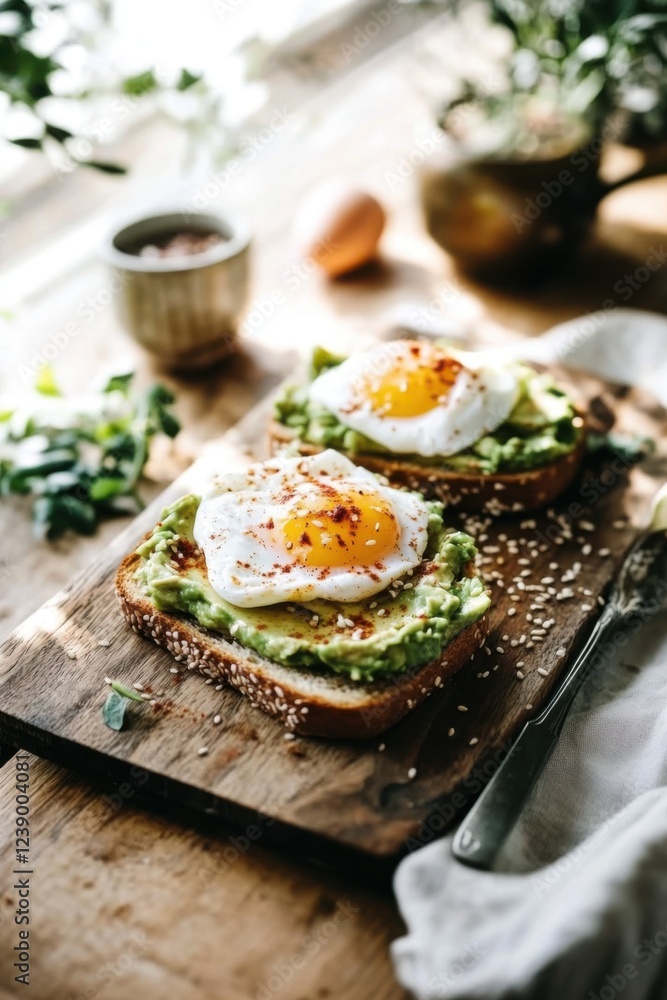 Delicious avocado toast topped with poached egg, chili flakes, and sesame seeds Delicious avocado toast topped with poached egg, chili flakes, and sesame seeds