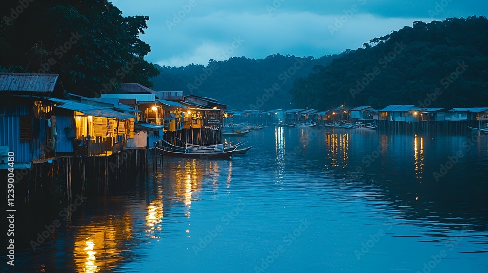 Night village, water homes, river, lights, tropical, calm, evening, Southeast Asia, tourism Night village, water homes, river, lights, tropical, calm, evening, Southeast Asia, tourism
