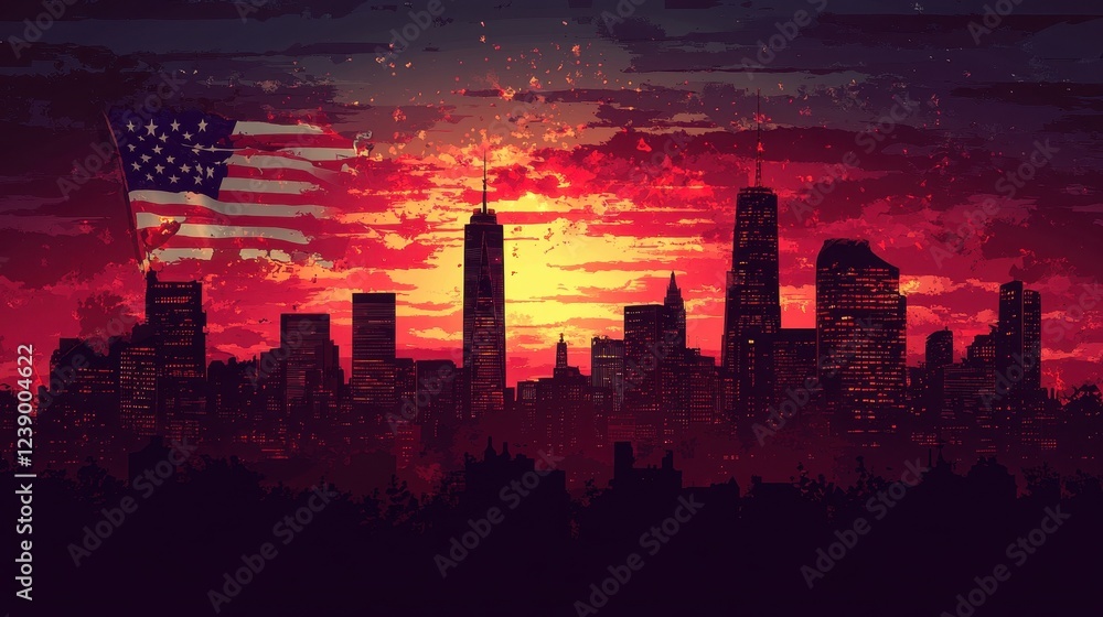 Fototapeta premium American Flag Waves Over City Skyline at Sunset