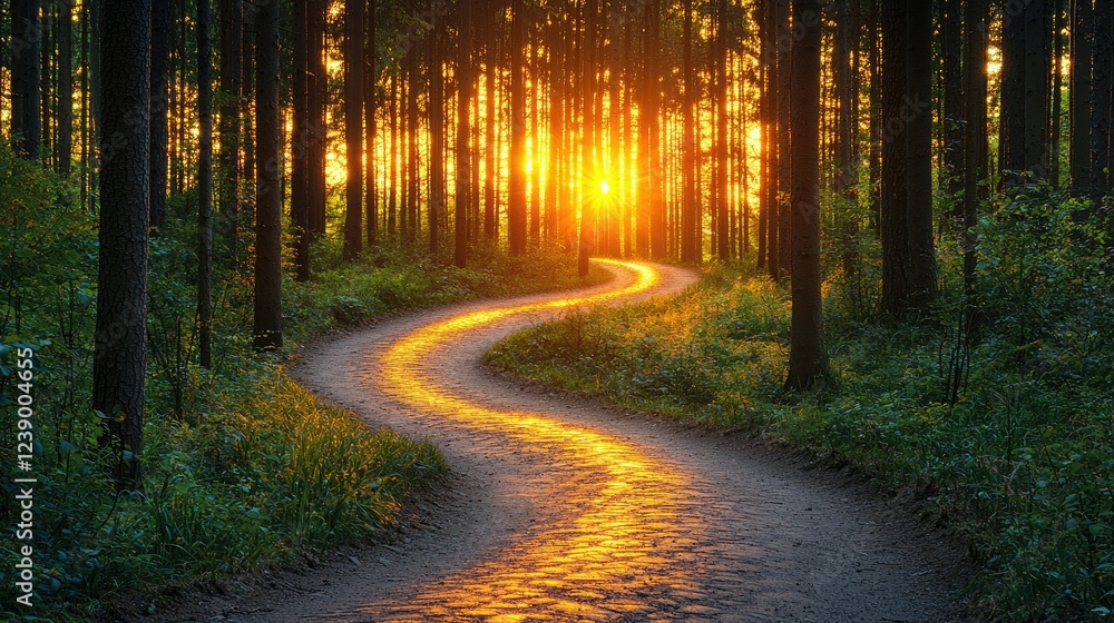 Obraz premium Sunset Golden Path Winding Through Forest Trees