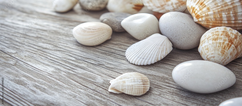 Background of smooth stones and seashells on weathered wooden surface with copy space for text. Background of smooth stones and seashells on weathered wooden surface with copy space for text.