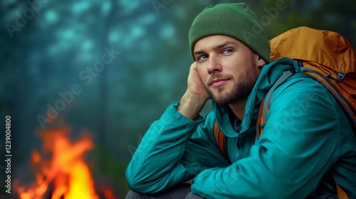 man sitting by campfire in forest setting