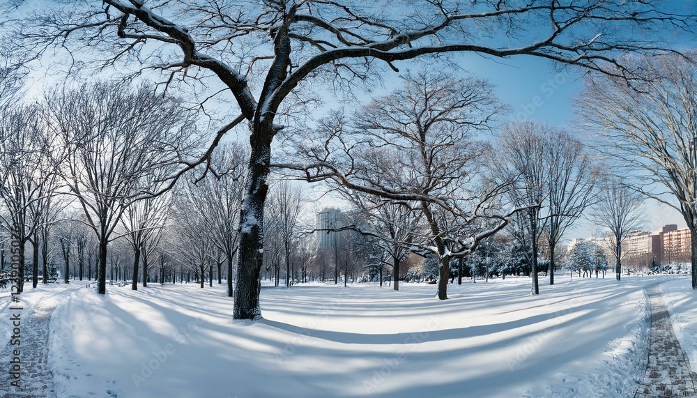 a city park blanketed in snow with bare trees a city park blanketed in snow with bare trees
